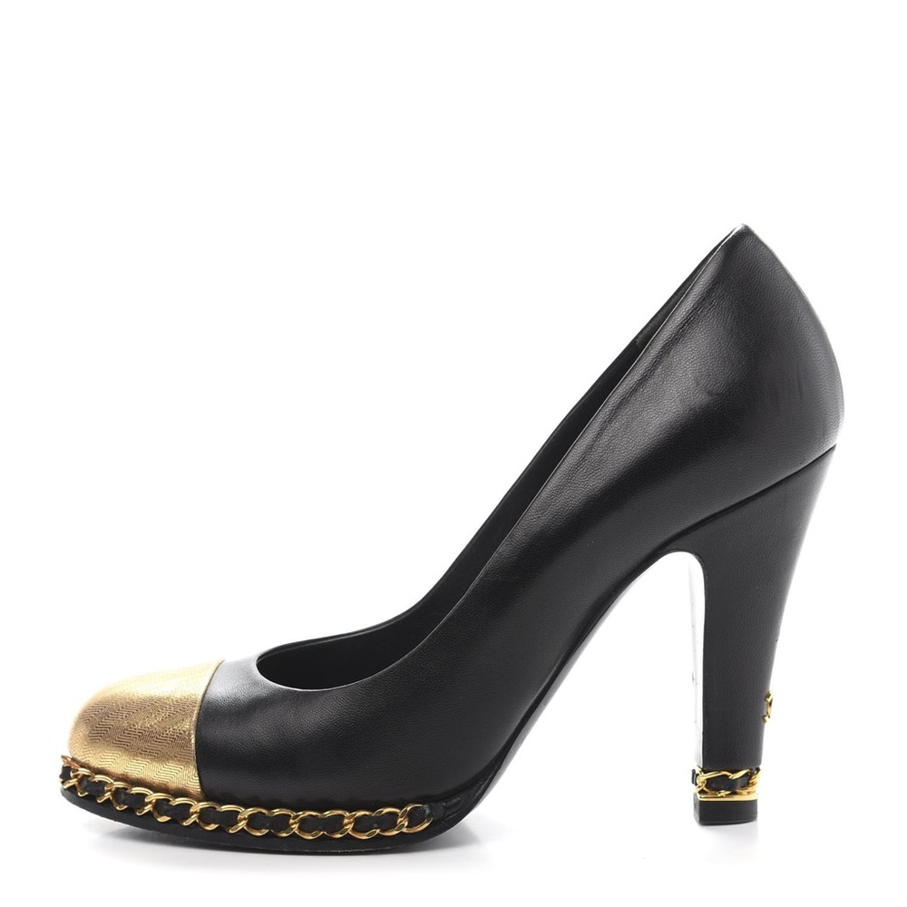 CHANEL chain link gold cap toe pumps